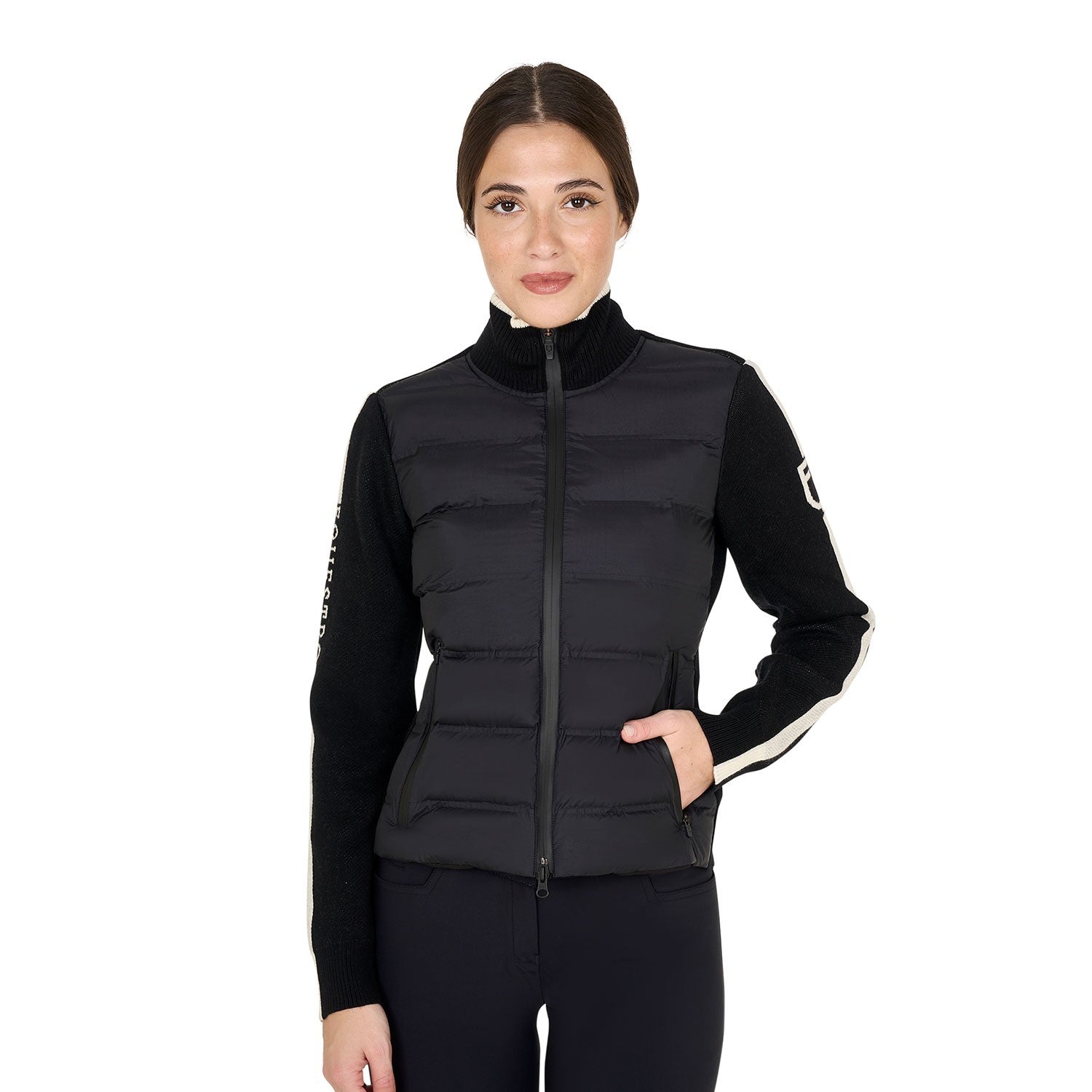 Chaqueta de mujer en nailon y punto con cremallera. - Negro